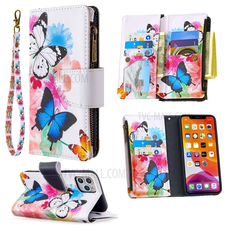Patterned Zipper Wallet Leather Phone Case with Strap for Apple iPhone 11 Pro 5.8 inch - Three Butterflies-1