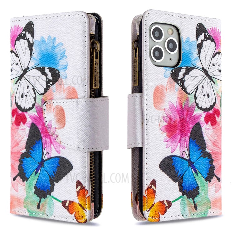 Patterned Zipper Wallet Leather Phone Case with Strap for Apple iPhone 11 Pro 5.8 inch - Three Butterflies-6