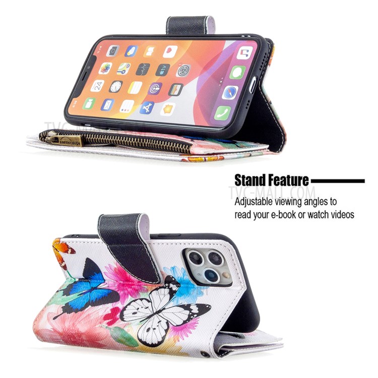 Patterned Zipper Wallet Leather Phone Case with Strap for Apple iPhone 11 Pro 5.8 inch - Three Butterflies-7