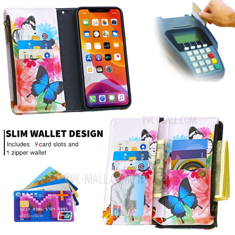 Patterned Zipper Wallet Leather Phone Case with Strap for Apple iPhone 11 Pro 5.8 inch - Three Butterflies-8