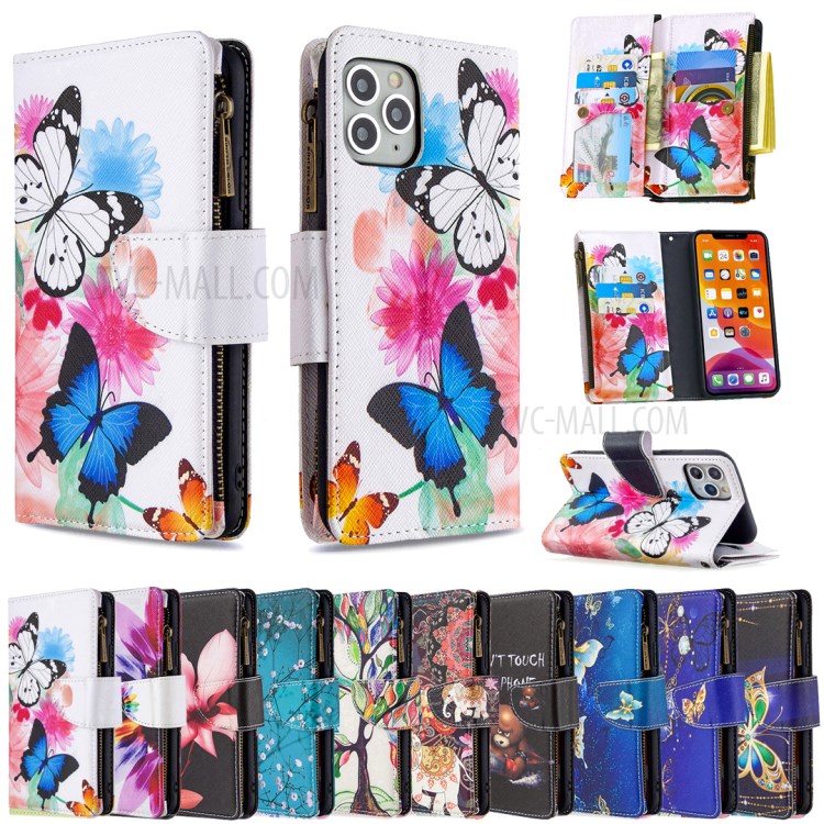 Patterned Zipper Wallet Leather Phone Case with Strap for Apple iPhone 11 Pro 5.8 inch - Three Butterflies-9