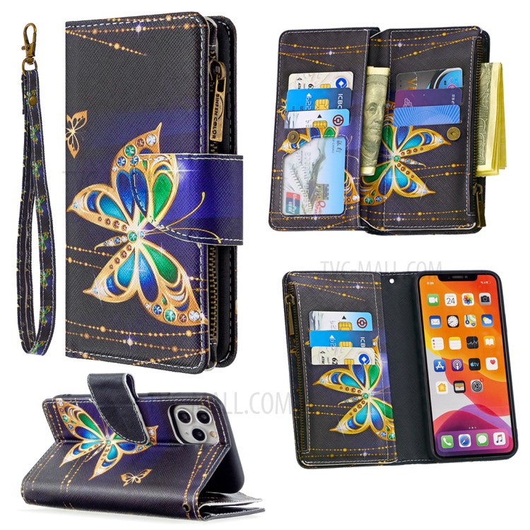Patterned Zipper Wallet Leather Phone Case with Strap for Apple iPhone 11 Pro 5.8 inch - Gold Butterfly-1