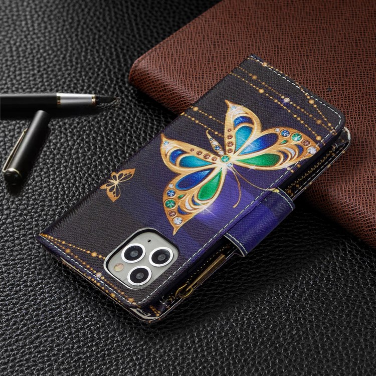 Patterned Zipper Wallet Leather Phone Case with Strap for Apple iPhone 11 Pro 5.8 inch - Gold Butterfly-3