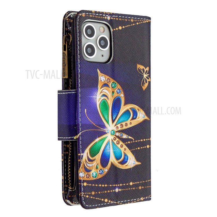 Patterned Zipper Wallet Leather Phone Case with Strap for Apple iPhone 11 Pro 5.8 inch - Gold Butterfly-5