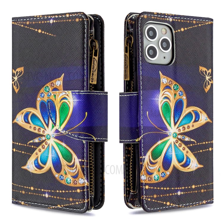 Patterned Zipper Wallet Leather Phone Case with Strap for Apple iPhone 11 Pro 5.8 inch - Gold Butterfly-6