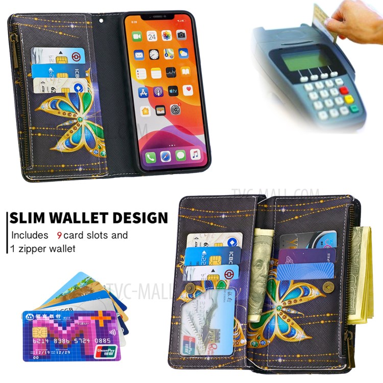 Patterned Zipper Wallet Leather Phone Case with Strap for Apple iPhone 11 Pro 5.8 inch - Gold Butterfly-8