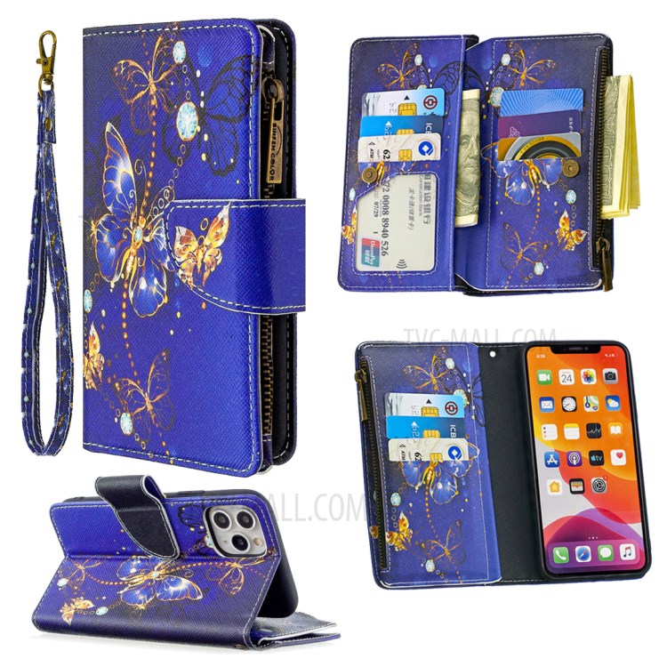 Patterned Zipper Wallet Leather Phone Case with Strap for Apple iPhone 11 Pro 5.8 inch - Blue Butterfly-1