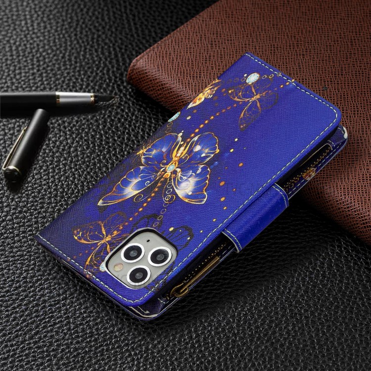Patterned Zipper Wallet Leather Phone Case with Strap for Apple iPhone 11 Pro 5.8 inch - Blue Butterfly-3