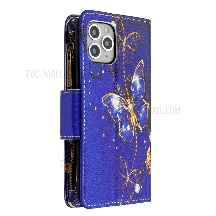 Patterned Zipper Wallet Leather Phone Case with Strap for Apple iPhone 11 Pro 5.8 inch - Blue Butterfly-5
