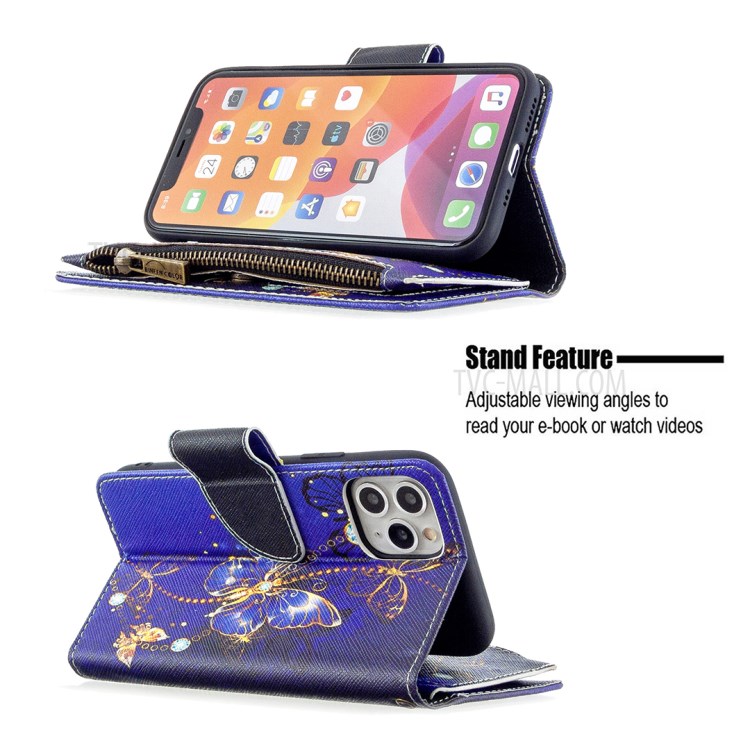 Patterned Zipper Wallet Leather Phone Case with Strap for Apple iPhone 11 Pro 5.8 inch - Blue Butterfly-7
