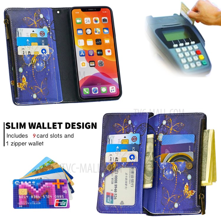 Patterned Zipper Wallet Leather Phone Case with Strap for Apple iPhone 11 Pro 5.8 inch - Blue Butterfly-8