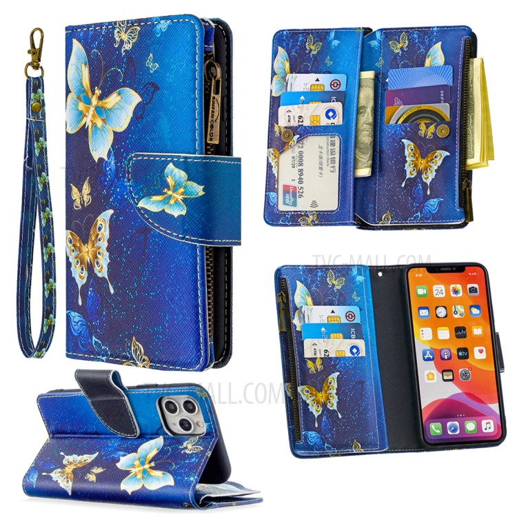 Patterned Zipper Wallet Leather Phone Case with Strap for Apple iPhone 11 Pro 5.8 inch - Cyan Butterfly-1
