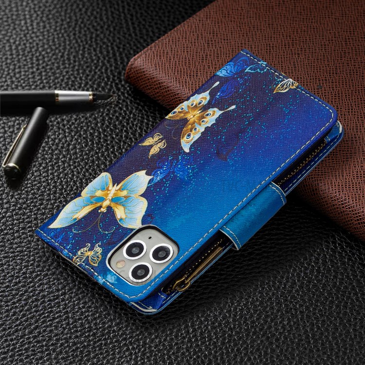 Patterned Zipper Wallet Leather Phone Case with Strap for Apple iPhone 11 Pro 5.8 inch - Cyan Butterfly-3