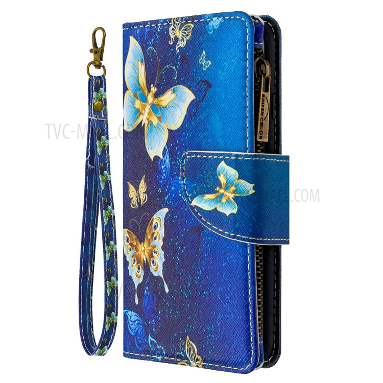 Patterned Zipper Wallet Leather Phone Case with Strap for Apple iPhone 11 Pro 5.8 inch - Cyan Butterfly-4