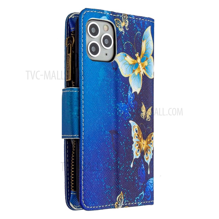 Patterned Zipper Wallet Leather Phone Case with Strap for Apple iPhone 11 Pro 5.8 inch - Cyan Butterfly-5