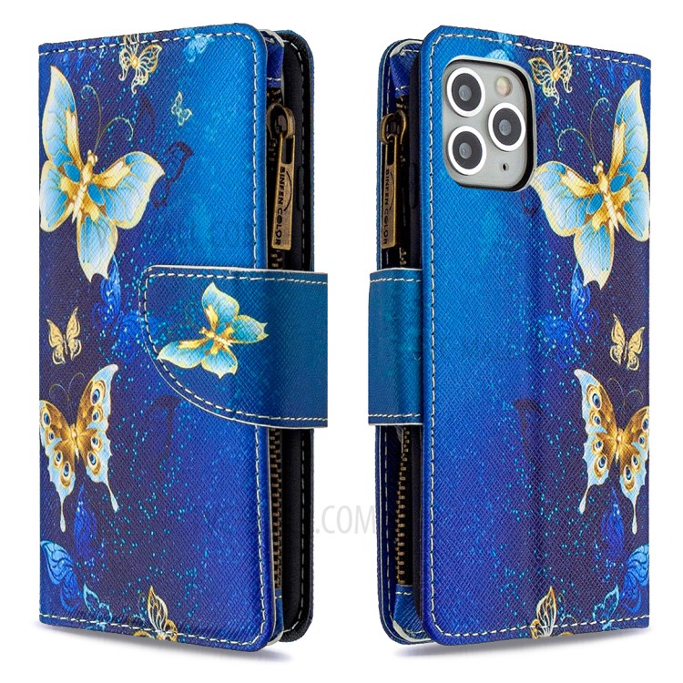 Patterned Zipper Wallet Leather Phone Case with Strap for Apple iPhone 11 Pro 5.8 inch - Cyan Butterfly-6