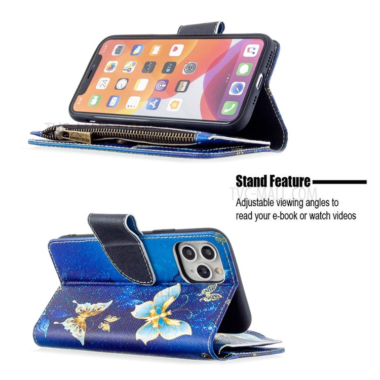 Patterned Zipper Wallet Leather Phone Case with Strap for Apple iPhone 11 Pro 5.8 inch - Cyan Butterfly-7
