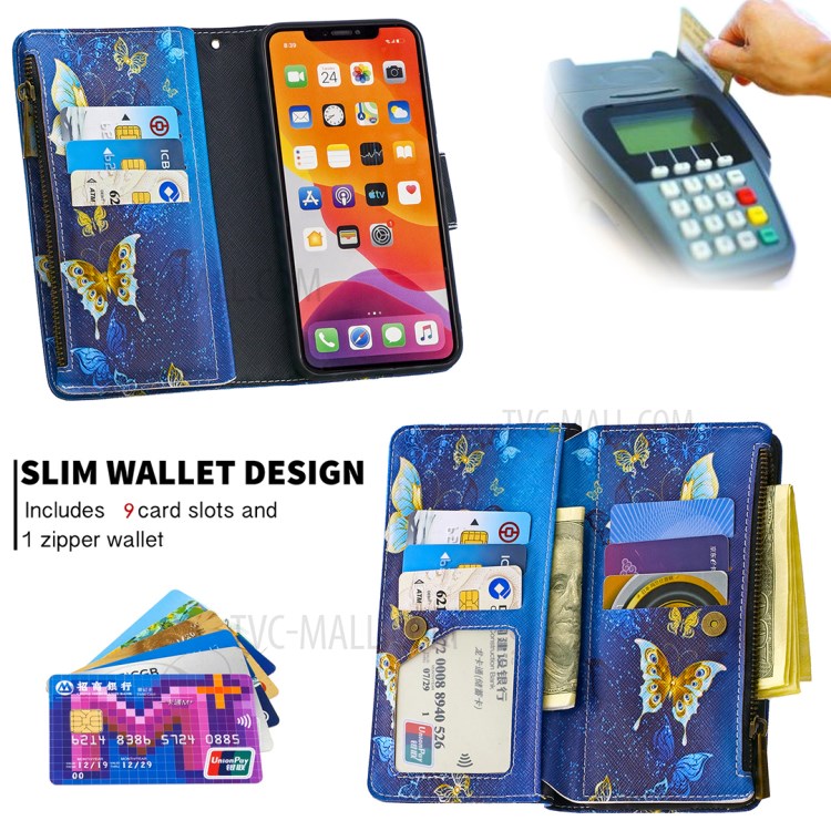 Patterned Zipper Wallet Leather Phone Case with Strap for Apple iPhone 11 Pro 5.8 inch - Cyan Butterfly-8