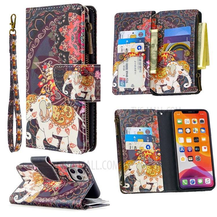 Patterned Zipper Wallet Leather Phone Case with Strap for Apple iPhone 11 Pro 5.8 inch - Elephant-1