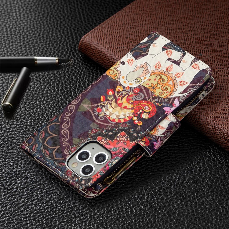 Patterned Zipper Wallet Leather Phone Case with Strap for Apple iPhone 11 Pro 5.8 inch - Elephant-3