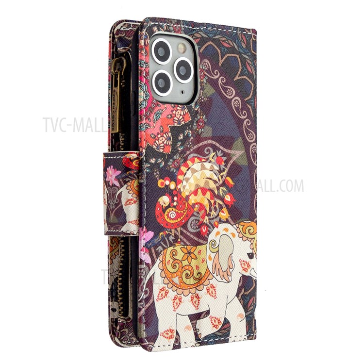 Patterned Zipper Wallet Leather Phone Case with Strap for Apple iPhone 11 Pro 5.8 inch - Elephant-5