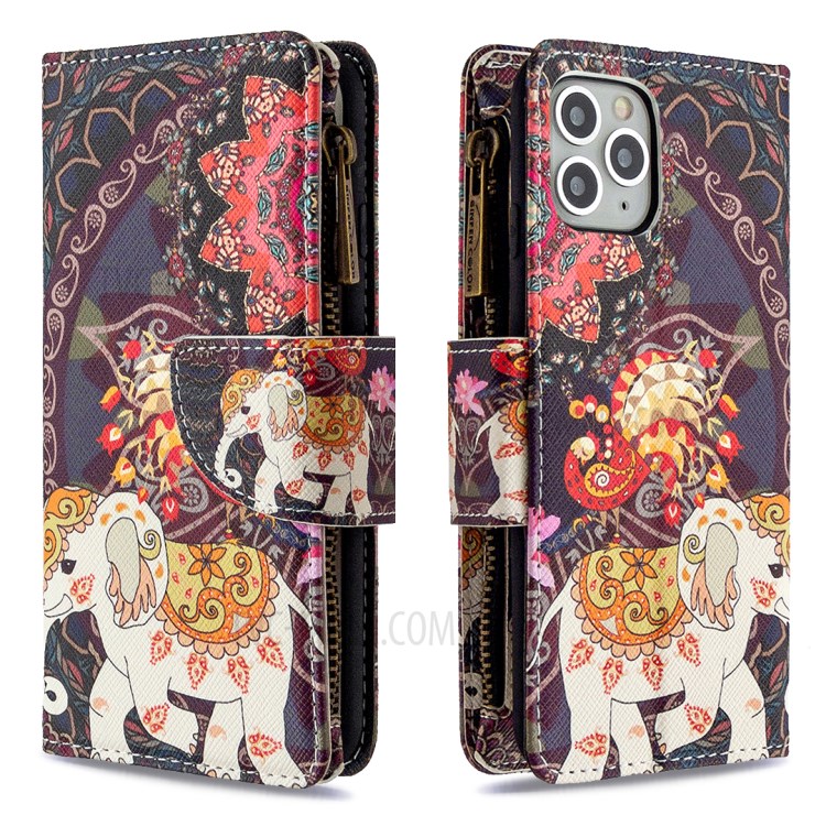 Patterned Zipper Wallet Leather Phone Case with Strap for Apple iPhone 11 Pro 5.8 inch - Elephant-6