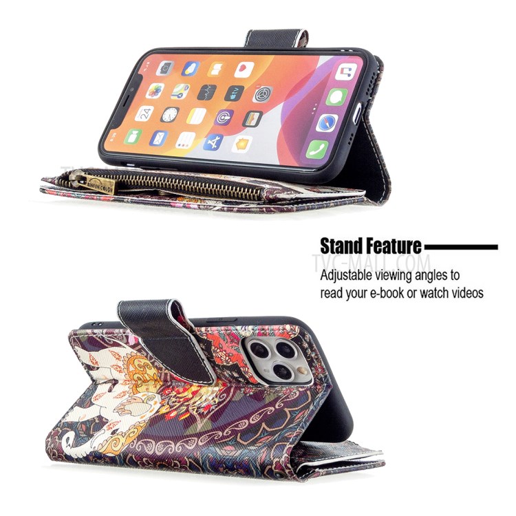 Patterned Zipper Wallet Leather Phone Case with Strap for Apple iPhone 11 Pro 5.8 inch - Elephant-7