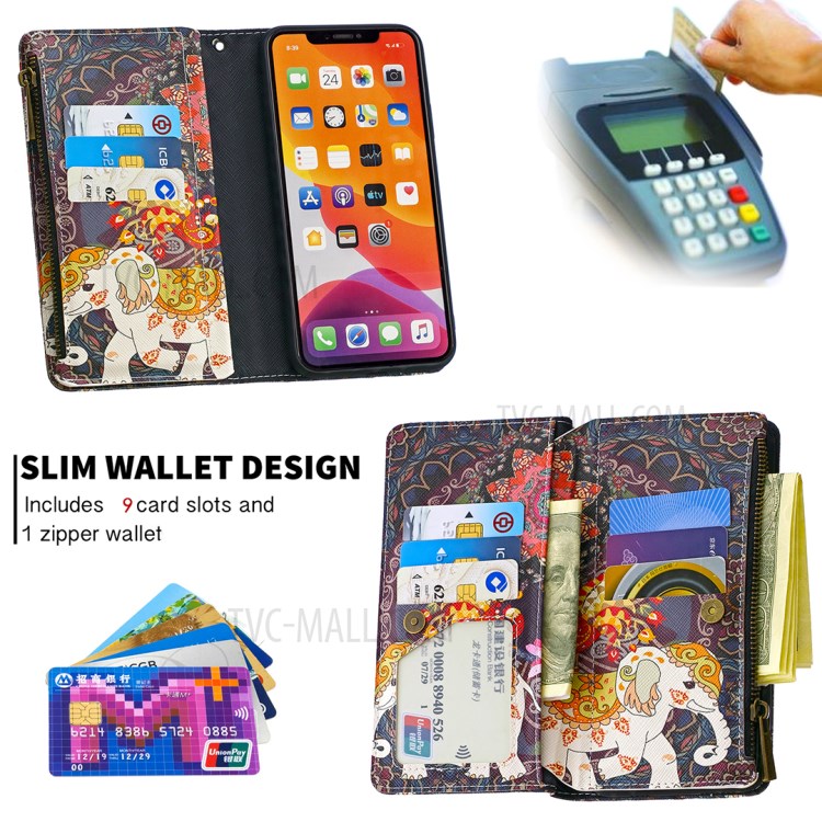 Patterned Zipper Wallet Leather Phone Case with Strap for Apple iPhone 11 Pro 5.8 inch - Elephant-8