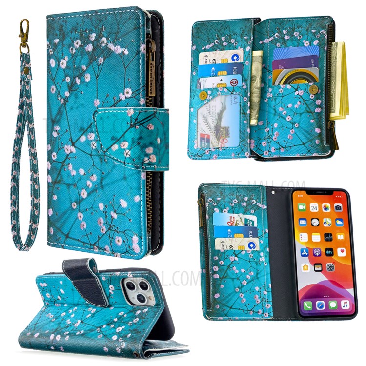 Patterned Zipper Wallet Leather Phone Case with Strap for Apple iPhone 11 Pro 5.8 inch - White Flowers-1