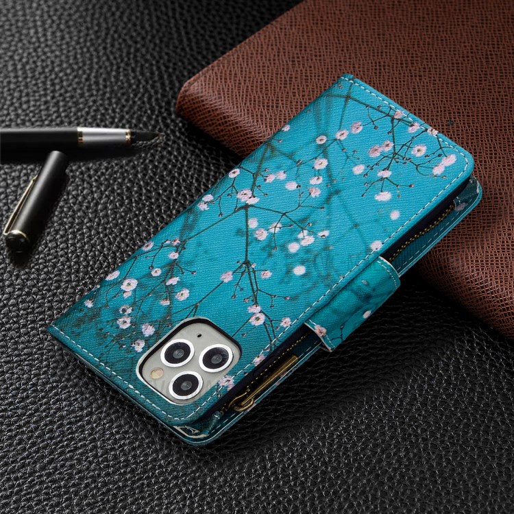 Patterned Zipper Wallet Leather Phone Case with Strap for Apple iPhone 11 Pro 5.8 inch - White Flowers-3