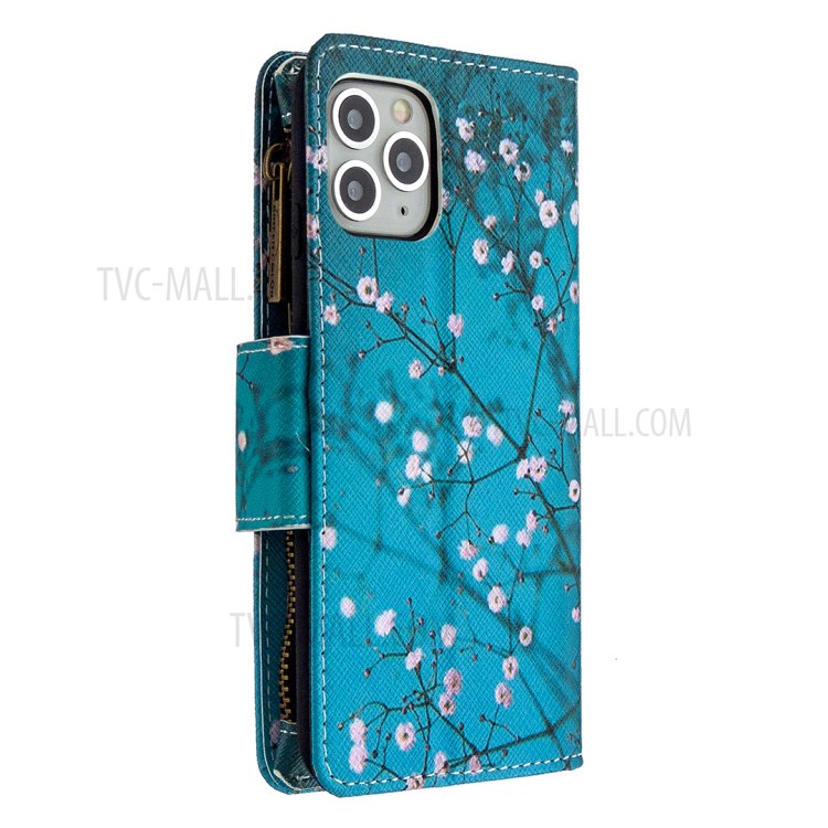 Patterned Zipper Wallet Leather Phone Case with Strap for Apple iPhone 11 Pro 5.8 inch - White Flowers-5