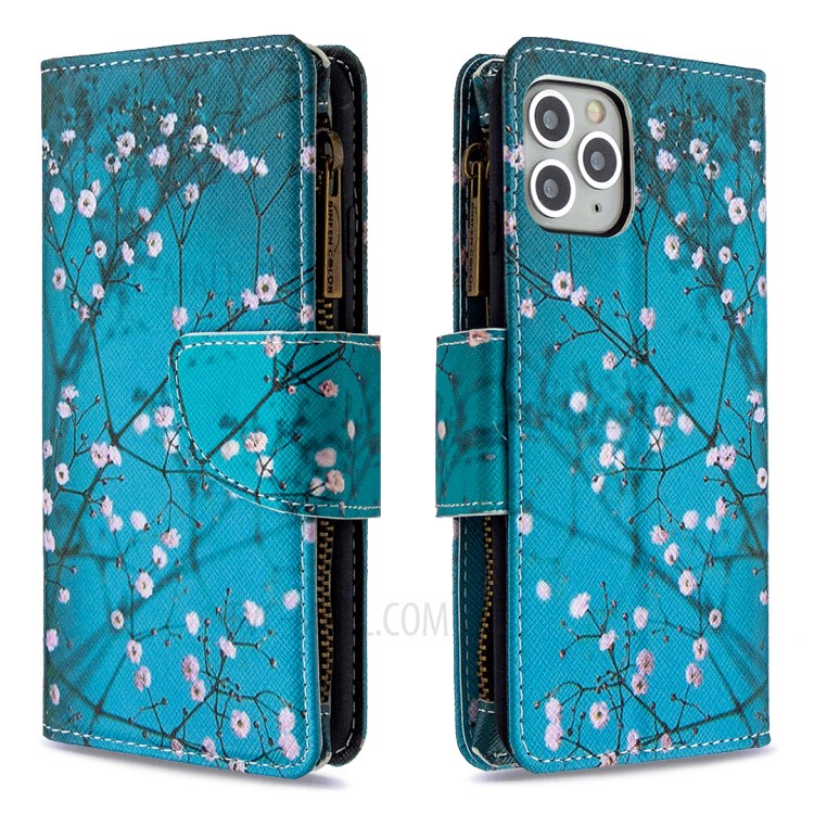 Patterned Zipper Wallet Leather Phone Case with Strap for Apple iPhone 11 Pro 5.8 inch - White Flowers-6