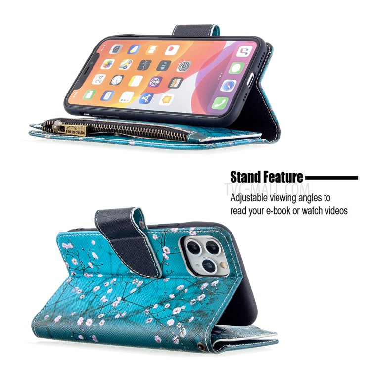 Patterned Zipper Wallet Leather Phone Case with Strap for Apple iPhone 11 Pro 5.8 inch - White Flowers-7