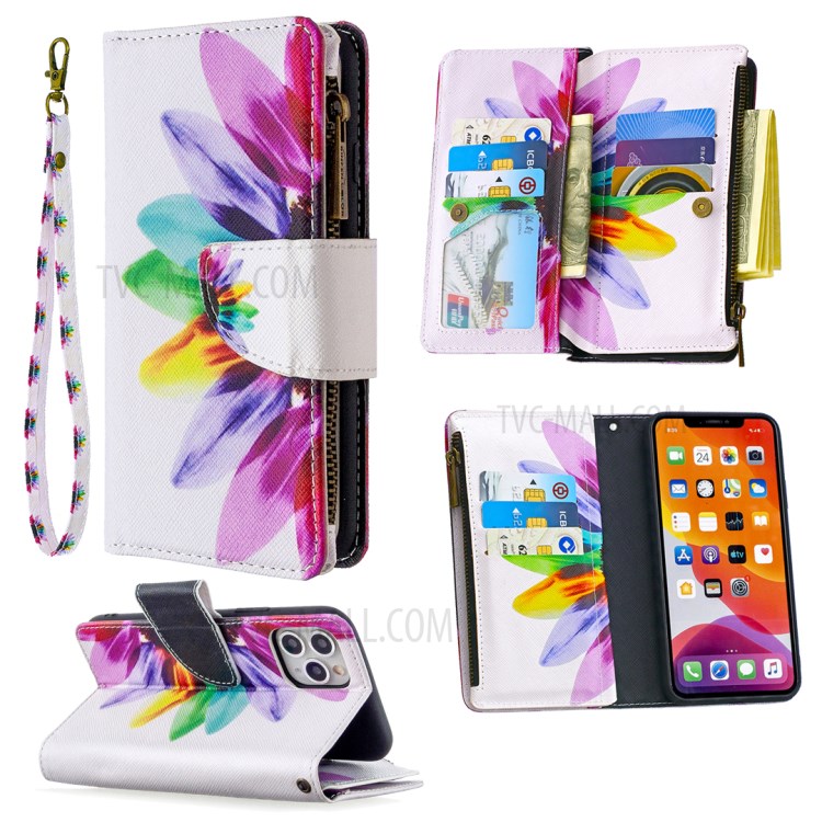 Patterned Zipper Wallet Leather Phone Case with Strap for Apple iPhone 11 Pro 5.8 inch - Colorful-1