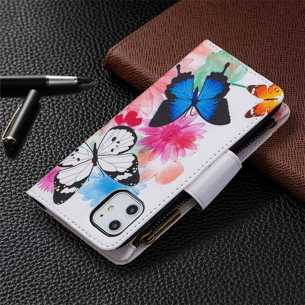 L'impression Des Motifs Shell Étui En Cuir Portefeuille Fermeture À Glissière Pour Apple IPhone 11 6.1 Pouces - Trois Papillons-3