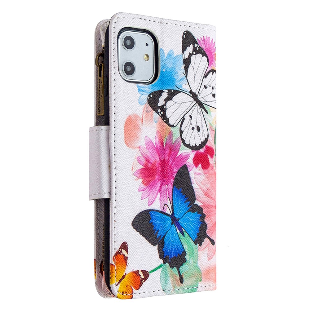 L'impression Des Motifs Shell Étui En Cuir Portefeuille Fermeture À Glissière Pour Apple IPhone 11 6.1 Pouces - Trois Papillons-5
