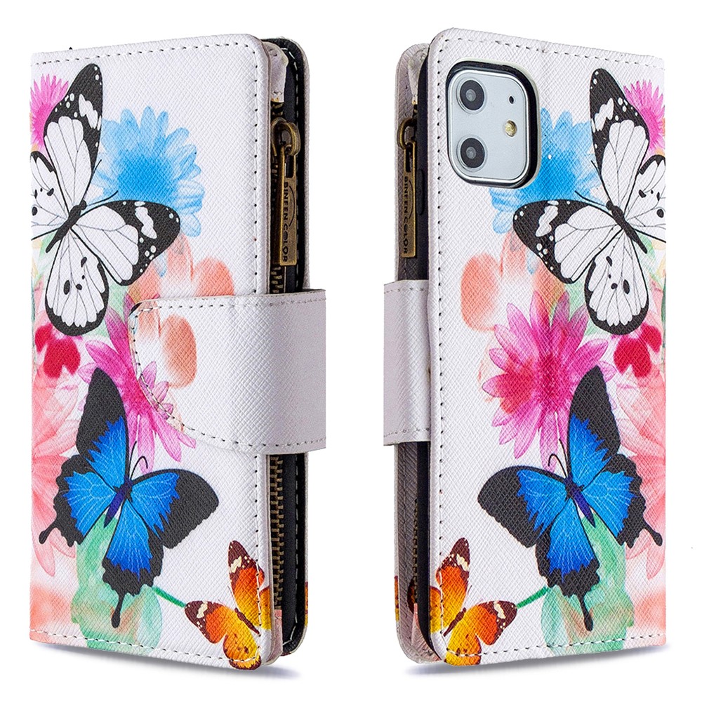 L'impression Des Motifs Shell Étui En Cuir Portefeuille Fermeture À Glissière Pour Apple IPhone 11 6.1 Pouces - Trois Papillons-6