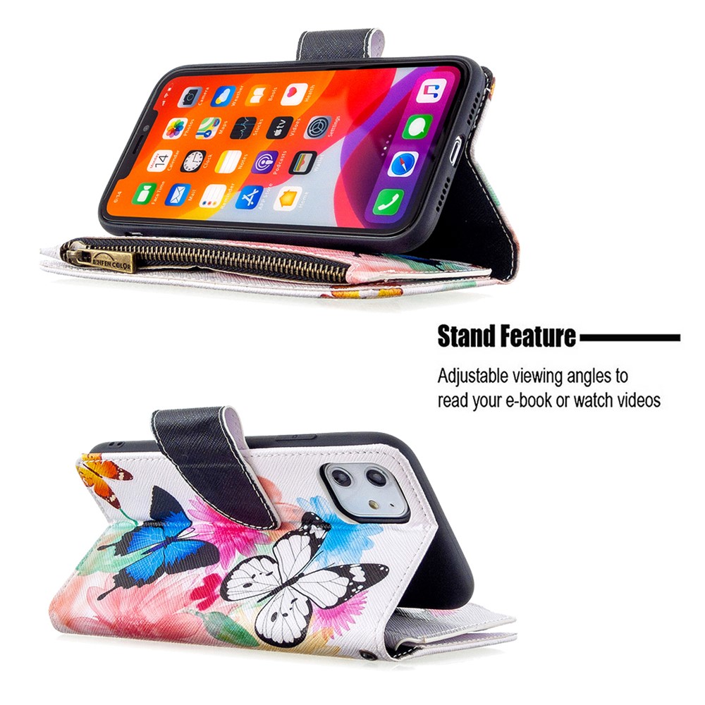 L'impression Des Motifs Shell Étui En Cuir Portefeuille Fermeture À Glissière Pour Apple IPhone 11 6.1 Pouces - Trois Papillons-7