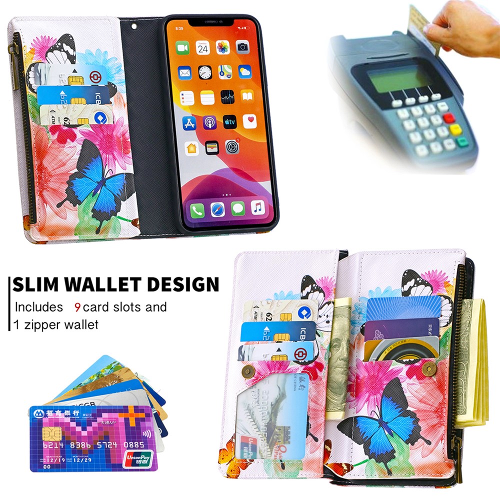 L'impression Des Motifs Shell Étui En Cuir Portefeuille Fermeture À Glissière Pour Apple IPhone 11 6.1 Pouces - Trois Papillons-8