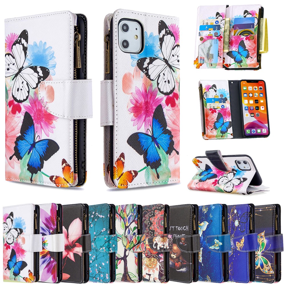 L'impression Des Motifs Shell Étui En Cuir Portefeuille Fermeture À Glissière Pour Apple IPhone 11 6.1 Pouces - Trois Papillons-9