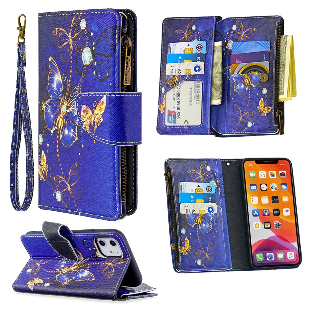 Pattern Printing Zipper Wallet Leather Case Shell for Apple iPhone 11 6.1 inch - Blue Butterfly-1