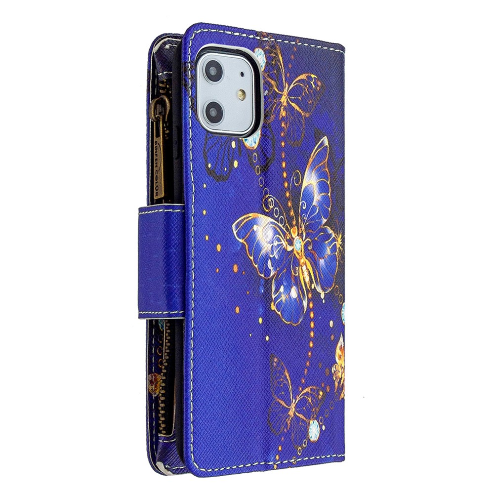 Pattern Printing Zipper Wallet Leather Case Shell for Apple iPhone 11 6.1 inch - Blue Butterfly-5