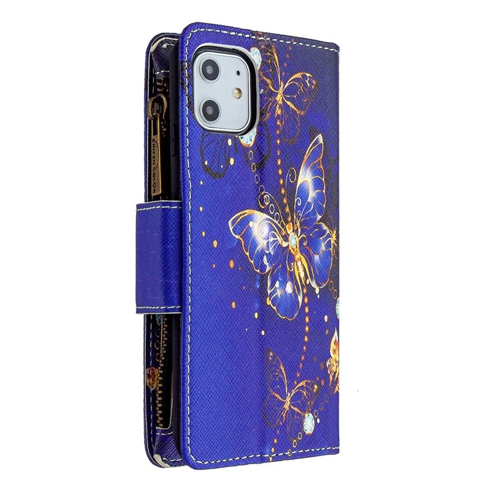 Padrão de Impressão de Impressão de Zíper Capa de Couro Para Maçã Iphone 11 6,1 Polegadas - Borboleta Azul-5