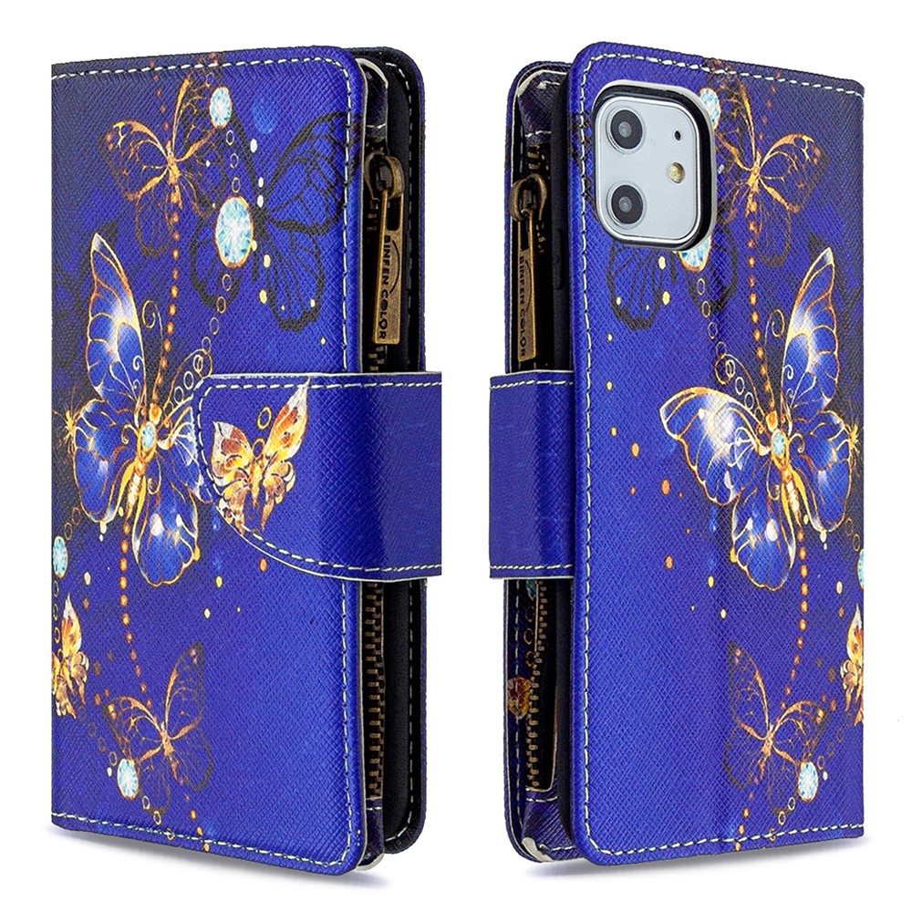 Padrão de Impressão de Impressão de Zíper Capa de Couro Para Maçã Iphone 11 6,1 Polegadas - Borboleta Azul-6