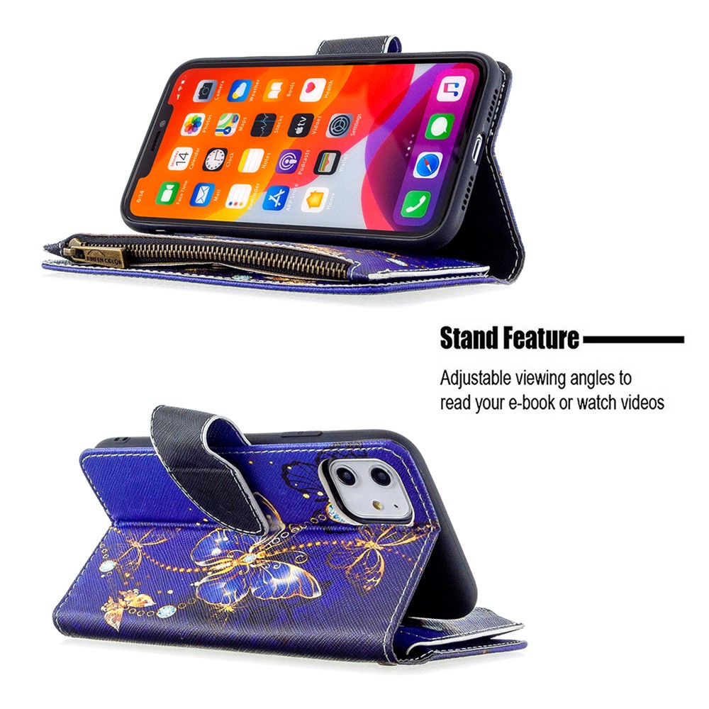 Pattern Printing Zipper Wallet Leather Case Shell for Apple iPhone 11 6.1 inch - Blue Butterfly-7