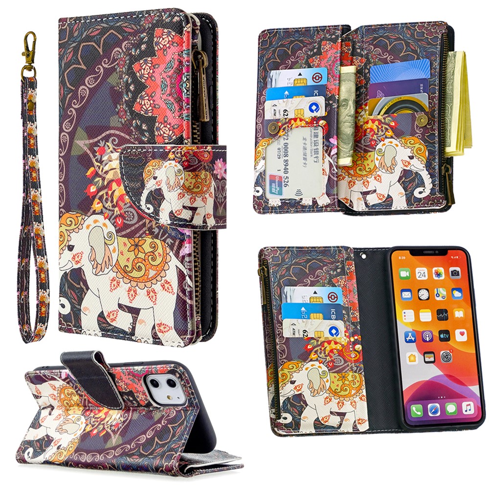 Pattern Printing Zipper Wallet Leather Case Shell for Apple iPhone 11 6.1 inch - Elephant-1
