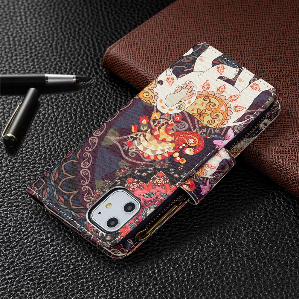 Pattern Printing Zipper Wallet Leather Case Shell for Apple iPhone 11 6.1 inch - Elephant-3