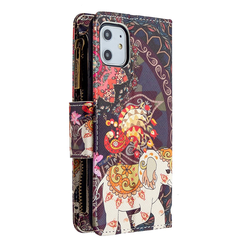 Pattern Printing Zipper Wallet Leather Case Shell for Apple iPhone 11 6.1 inch - Elephant-5