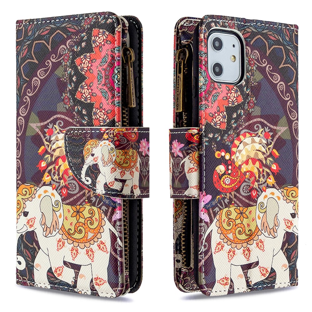 Pattern Printing Zipper Wallet Leather Case Shell for Apple iPhone 11 6.1 inch - Elephant-6