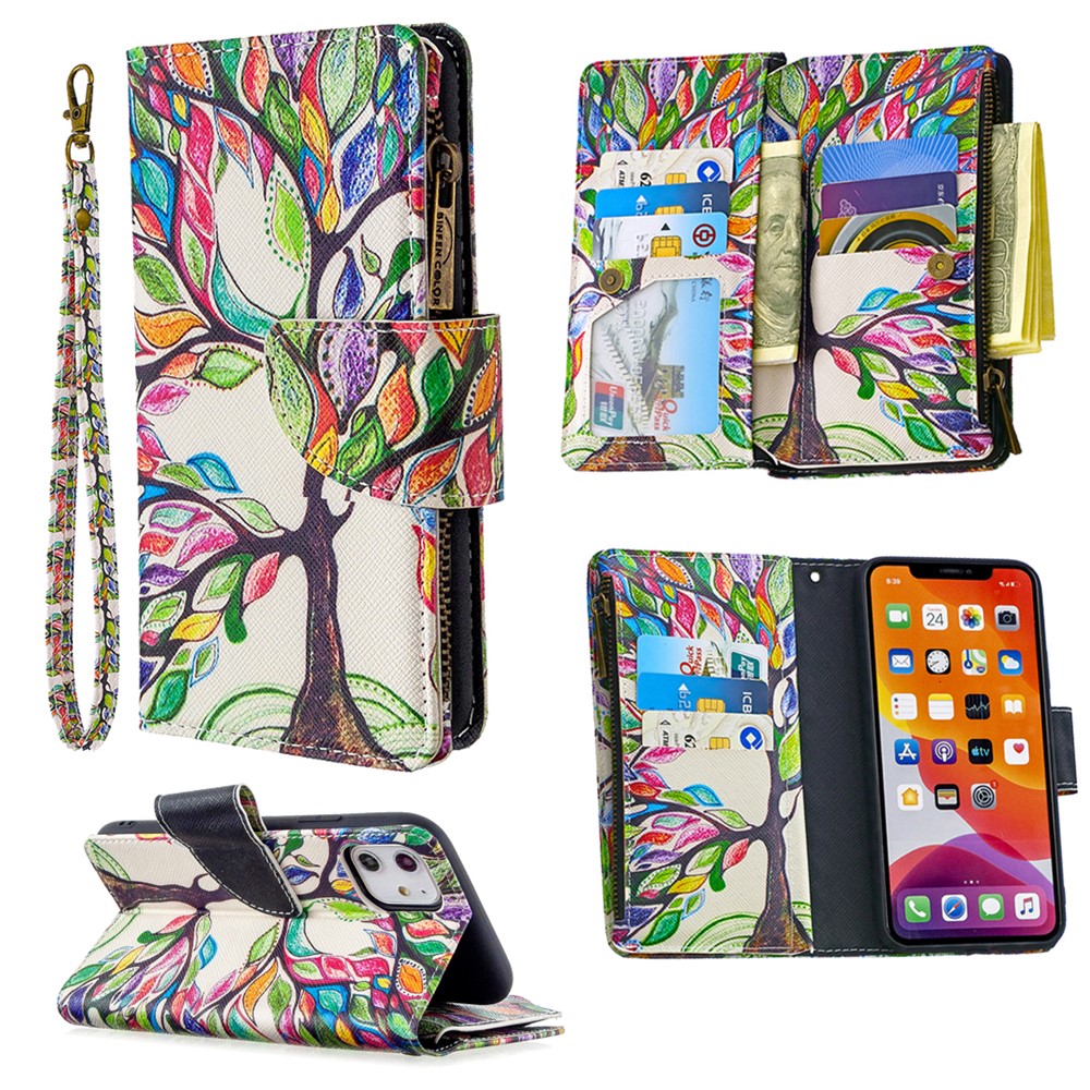 Pattern Printing Zipper Wallet Leather Case Shell for Apple iPhone 11 6.1 inch - Color Tree-1